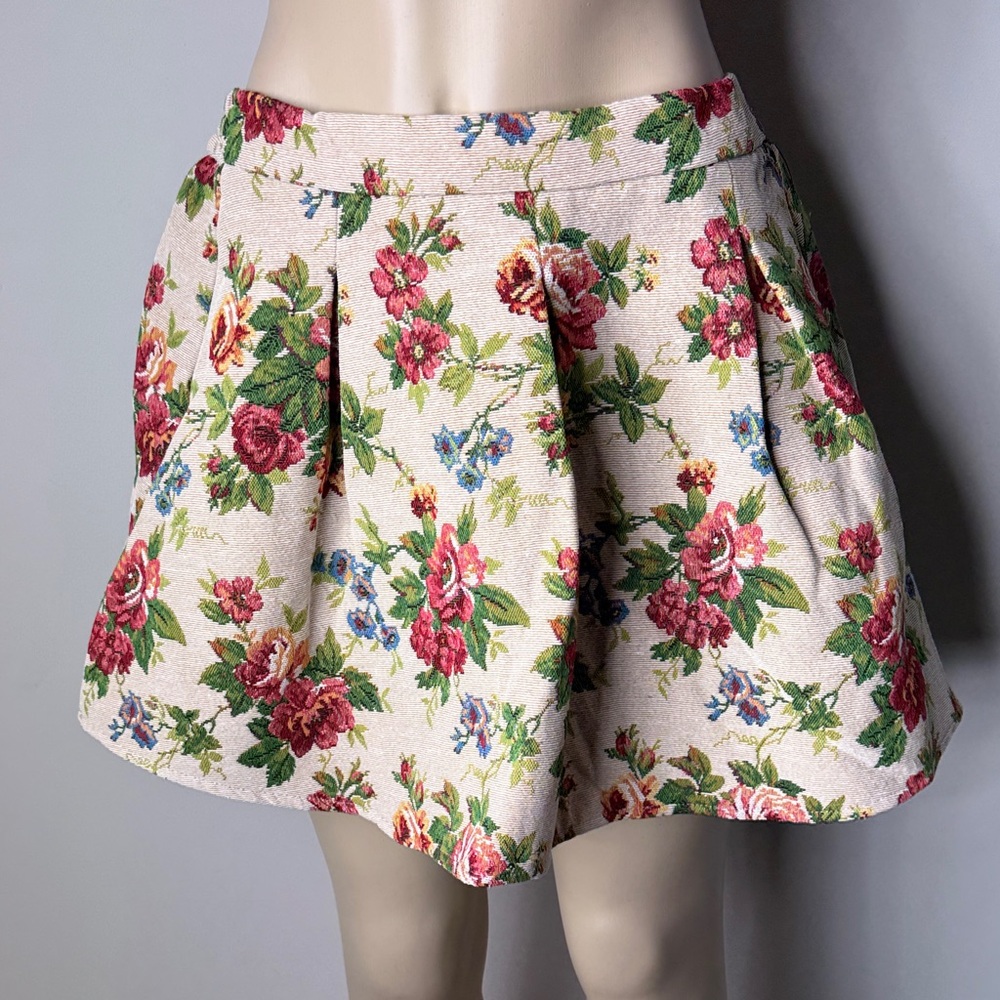 AKIRA Floral Cream A-Line Skirt with Pink Roses and Green Leaves